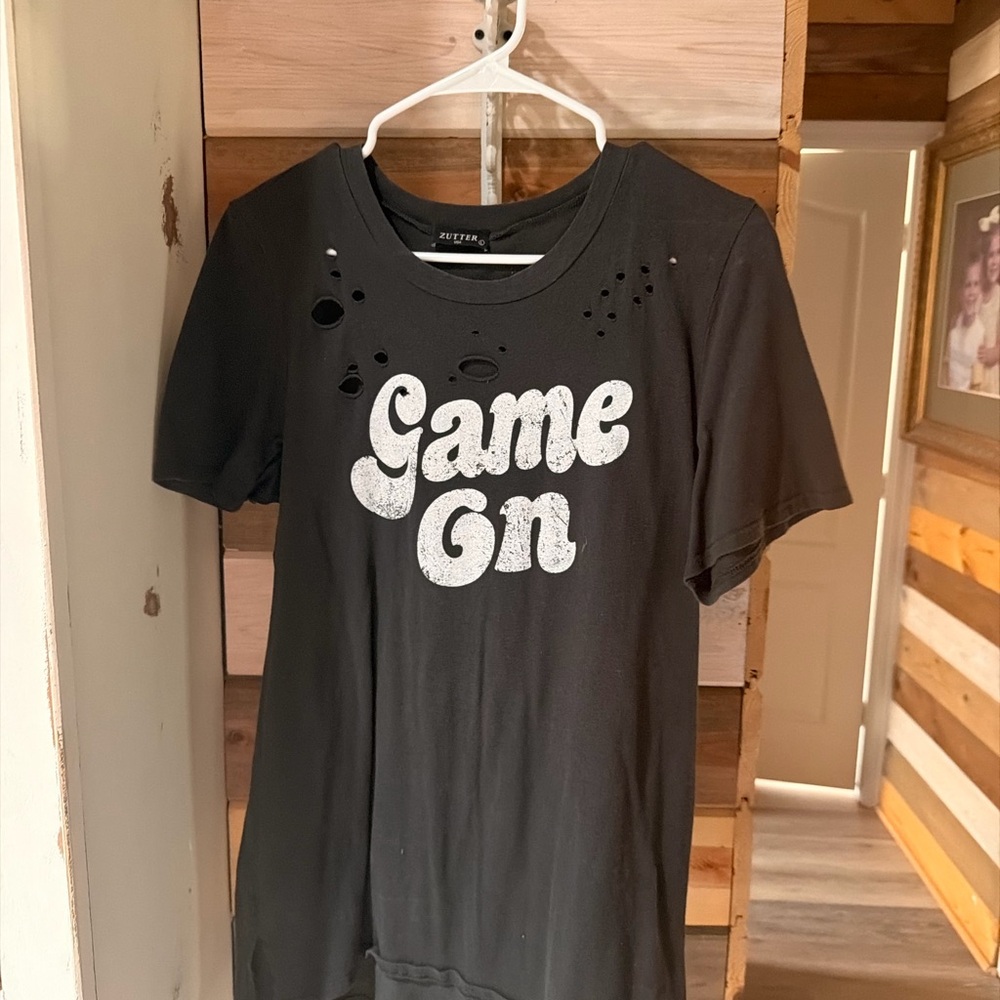 Fifth Sun Distressed Black Tee with White 'Game On' Print